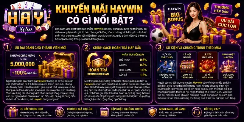 Haywin - Nhà Cái Giải Trí Thể Thao Cá Cược Uy Tín Số #1 2026 Khuyến mãi Haywin có gì nổi bật?